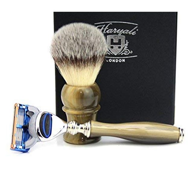Mens Shaving Kit Synthetic Hair Shaving Brush and 5 Edge Razor With Stimulated Horn Handle Comes in Box