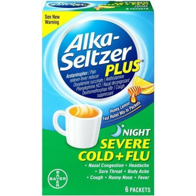 Alka-Seltzer Plus Night Severe Cold and Flu Packet Honey Lemon Flavor 6 Count