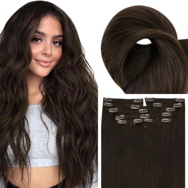 Fshine Clip in Hair Extensions for Women Darkest Brown Real Hair Clip in Extensions Silky Straight Double Wefted Clip In Hair Extensions Real Human Hair 18 Inch 120 Gram 7 Pieces