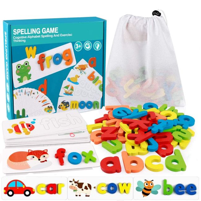 MASTOUR See and Spell Learning Toys,Matching Letter Game Words for Kids,Educational Learning Toys for Preschool Kindergarten 3-7 Year Old Girls Boys (28 Cards+52 Letters) +1