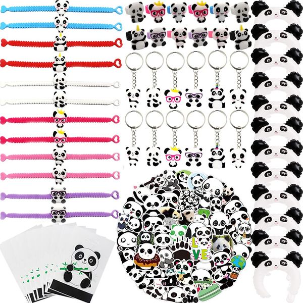 108Pcs Panda Party Supplies Favors Panda Keychains Rings Bracelets Panda Balloon Headbands Goodie Bags Stickers Toys Prizes Gift Carnivals for Kids Girls Panda Birthday Party Favor Supplies Goodie Bag