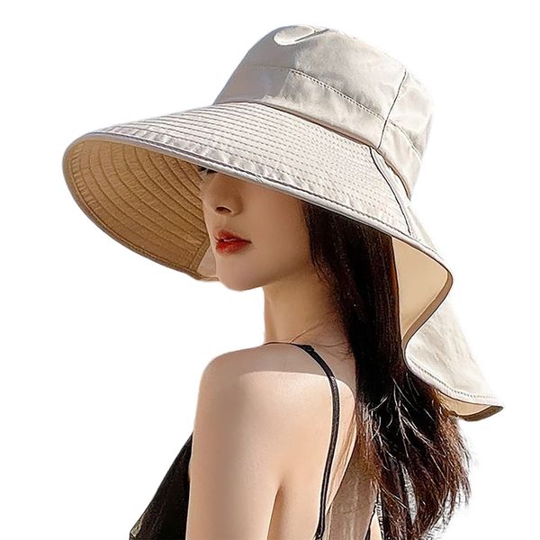 Women Summer Wide-Brim Neck-Flap Sun-Hat, UV-Protection Adjustable Gardening Hat Packable Safari Travel Hiking-Hat（M-L） Beige