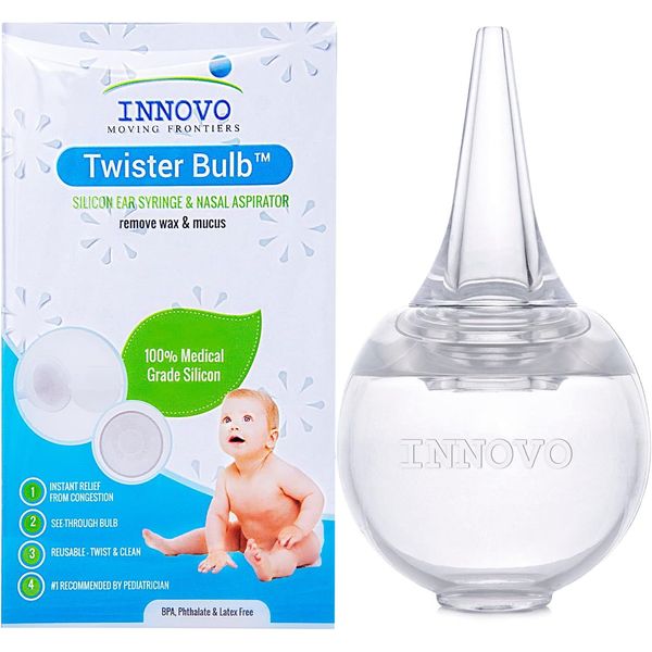 Innovo Hospital Grade Silicone Twister Bulb Baby Ear Syringe and Nasal Aspirator, Sucks Snot and Mucus, Nasal Bulb Ear Syringe, Cleanable and Reusable Clear White