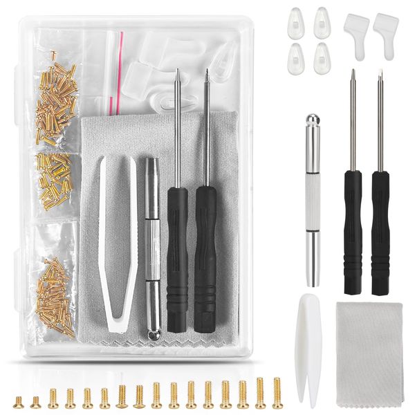 Gold Eyeglass Repair Tool Kit Eye Glass Repair Kit Eye Glasses Repairing Screwdriver Set with Eyeglass Screws, Nose Pads, Small Screwdriver, Tweezers for Glasses Sunglasses Watch Clock Repair