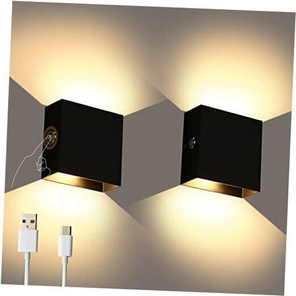 LED Wall Sconce Battery Powered Set of 2, Touch Control Black-Warm White