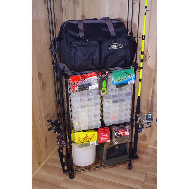 Old Cedar Outfitters Adjustable 3-Shelf Rolling Tackle Trolley for Fishing Tackle Storage, Holds up to 12 Fishing Rods, WFR-012 , Black , 38- Inch X29- Inch