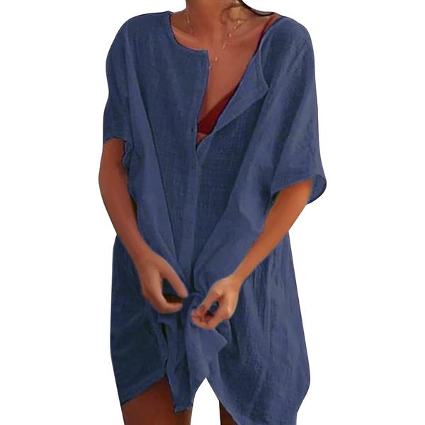 XIWCAFC Women Beach Cover Up Cotton Shirt Beach Dress Summer Beachwear with Buttons Swimsuit Bikinis Cover ups Loose Casual Sarong Blouse for Swim Bathing Suit Dark Blue