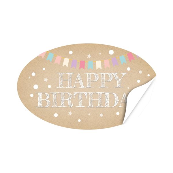 20 x ovale Etiketten Happy Birthday Karton Look - Format ca. 8 x 5 cm - Aufkleber, Sticker für Geschenke, als Dankeschön, zum Geburtstag