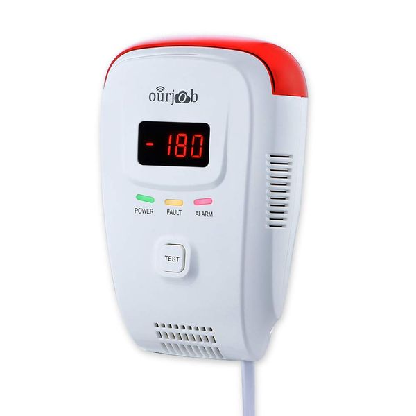 Gas Alarm Detector-Ourjob, Home Use Propane Butane Methane Gas Monitor, Plug in Combustible LPG/Natural Gas/Coal Gas Leak Sensor, Voice Prompt, Strobe Light Warning, Digital Display(White, No Battery)