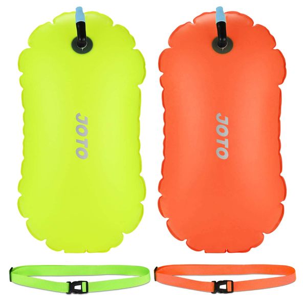 JOTO 2 Pack Swim Buoy Float, Swimming Bubble Safety Float with Adjustable Waist Belt for Open Water Swimming, Safe Swim Training, Triathletes, Kayaking, Snorkeling -Neonyellow & Orange