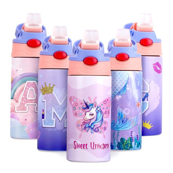 JYPS Kids Insulated Water Bottle,360ml Stainless Steel Water Bottle with Straw,Unicorn Water Bottle for Girls,Toddler Metal Water Bottle,BPA-Free, Leak-Proof,Kids Flask Keep Hot Cold Travel School ﻿