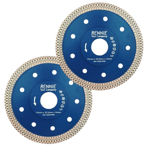 2 x Rennie Tools 115mm Diamond Cutting Discs for Angle Grinder For Porcelain, Tiles, Granite, Marble, Concrete, Stones, Bricks & Ceramics 4.5" Wheel Super Thin Fast Clean Cut. Super Thin 1.4mm