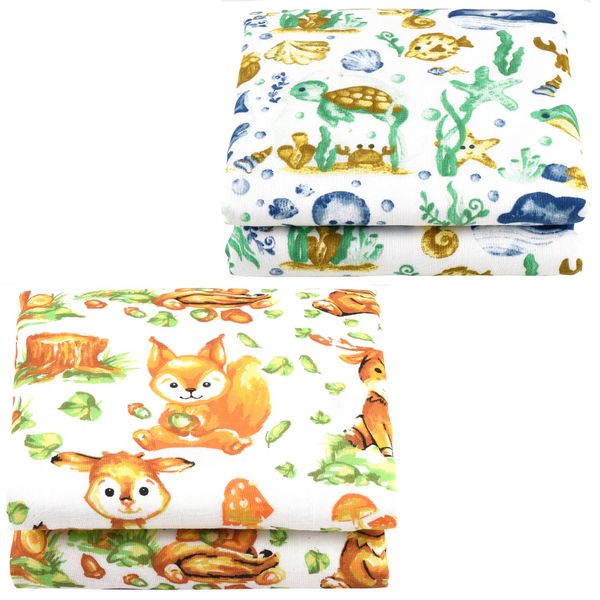 Muslin Swaddle Blanket Set of 2, Ocean Life and Woodland Print