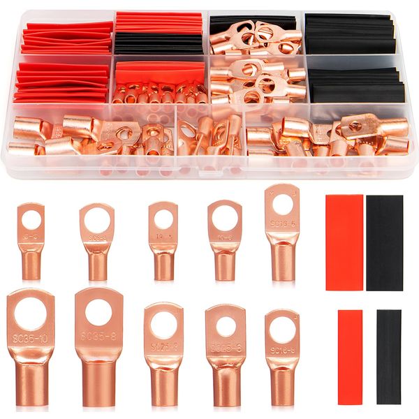 150pcs Battery Cable Ends Awg 2 4 6 8 10 Gauge Wire Connectors,Copper Ring Terminals with Heat Shrink Set,74 pcs Battery Terminal connectors Cable Lugs Ring with 76pcs Heat Shrink Tubing Kit