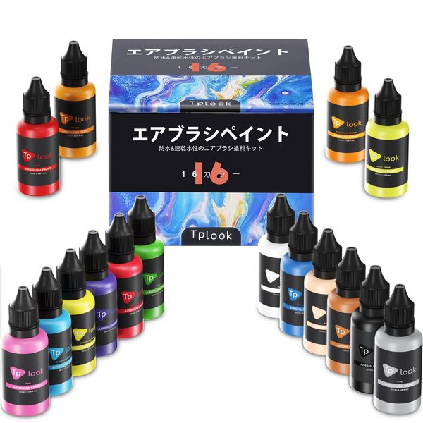 Tplook Airbrush Paints 16 Colors Acrylic Airbrush Paint Set (30ml/1oz) Opaque & Neon Color Dilution Diluted Water Based Waterproof Quick Drying for Plastic Model Ceramic Canvas Paper