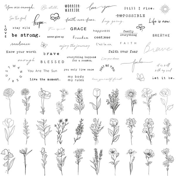 TATUWST Realistic Temporary Tattoos - 60 Sheets Tiny Small Removable Tattoos, 30 Pcs Inspirational Quotes Words Tattoos, 30 Pcs Wild Flower Ink Line Botanical Floral Leaf Tattoo Stickers for Women