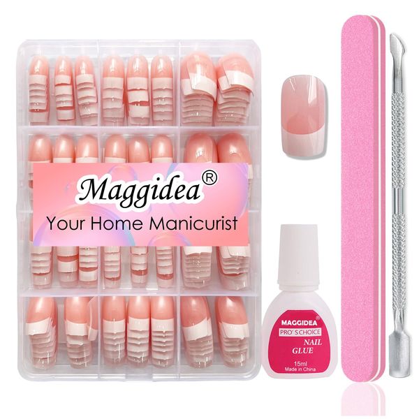 Maggidea False Nails Kit, 240Pcs French Press On Nails Short, Square False Nails With Glue Acrylic Fake Nails 12 Sizes Stick On Nails For Women French White Tip Nail Art with File And Cuticle Pusher