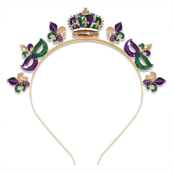 Mardi Gras Headband Women Glitter Mask Crown Fleur de Lis Hairband Headpiece Carnival Party Hair Accessory Costume Decor Gift