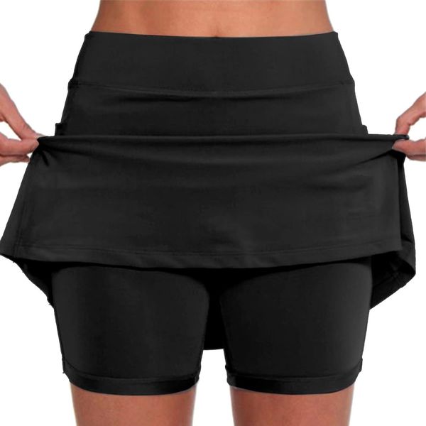 Yeeteepot Damen Tennisröcke Hohe Taille Sportrock Golf Skorts Mini Skater Rock mit Shorts Yoga Fitness Kurz Hosenrock Dehnbar Laufenrock Schwarz XL