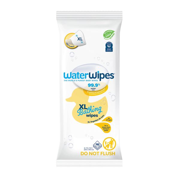 WaterWipes Plastic-Free XL Bathing Wipes for Toddlers & Babies, 99.9% Water Based Wipes, Unscented & Hypoallergenic for Sensitive Skin, 16 Count (1 pack), Packaging May Vary