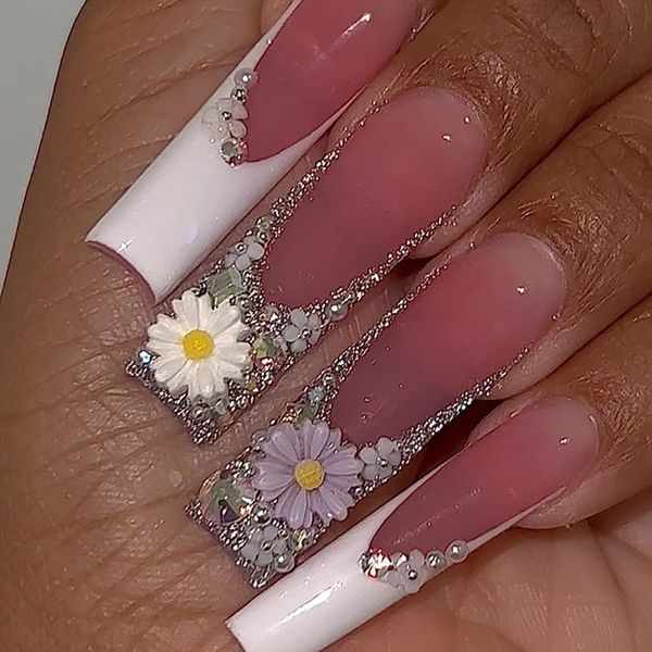 Vezocim Press on Nails Coffin Long French Tips Glossy Full Cover Acrylic Square Rhinestone Fake Nails with Flower Designs Extra Long False Nails Glue Stick on Fingernails with Charm for Women