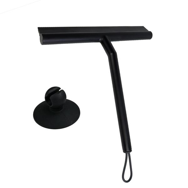 Black Shower Squeegee, Silicone Window Squeegee Cleaner with Strong Suction Hook & Lanyard, 8.66 Inch Glass Wiper Scraper for Bathroom Kitchen Mirror Car Window & Door