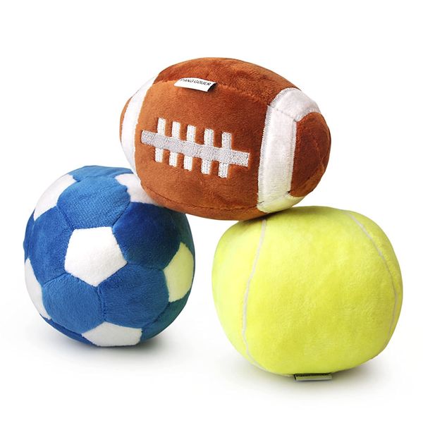 3 Stück Hundespielzeug für mittlere Hunde,Welpen spielzeug für kleine hunde,Rugby ball, Fußball und Tennisbälle für Hunde, gefüllt mit flauschigem Quietsch-Hundespielzeug, Welpenspielzeug für draußen