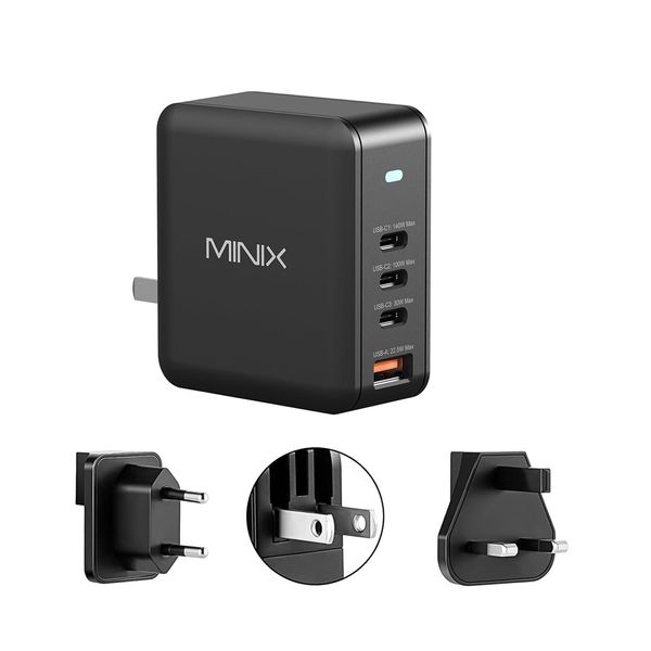 MINIX 165W USB C Charger, 4-Port GaN Charger Laptop 140W Charger PD 3.1 Fast Charging Power Adapter Foldable Plug for MacBook Pro 16”, iPad Pro, iPhone 16/15/14, Galaxy S24/S23, with US/EU/UK Plug