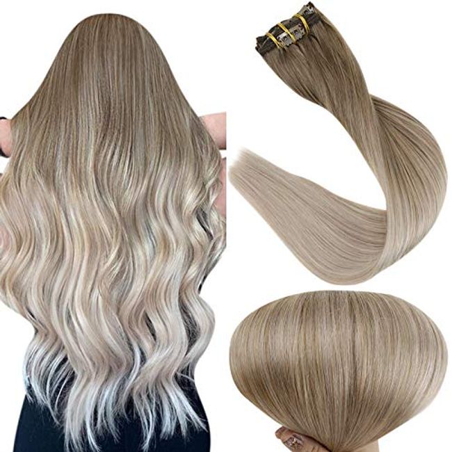 Clip in Hair Extensions Black Human Hair Balayage #1b/silver, 16 / Black / Straight Clip