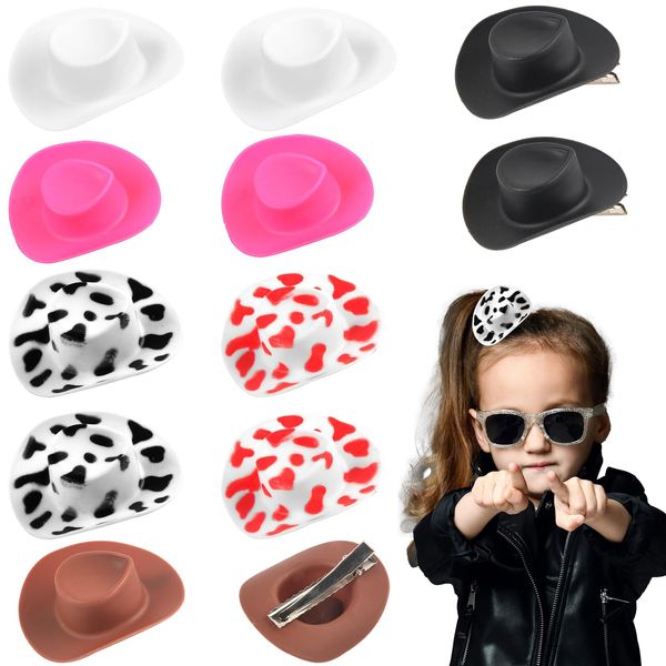 12 Pcs Mini Western Cowboy Cowgirl Hat Hair Clips, Plastic Mini Hat Hair Clip, Cute Cowboy Hat Clips, Cowgirl Hat Hair Clip for Decoration Accessories Toy Doll Dress Up Play House Games (Upgrade)