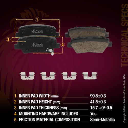 Metrix Premium Chassis Parts - Rear Semi-Metallic Disc Brake Pad Set D1544 Fits Hyundai Accent, Elantra, Elantra Coupe, GT, Sonata, Veloster, Kia Cadenza, Forte, Forte5, Optima, Made in Europe