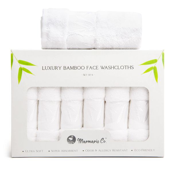 Marmaris Co. Face Wash Cloth, Luxury, Soft Bamboo Washcloths for Your Body and Face, Set of 6 White Washcloths, Face Towels 12x12 Facial Towels, Makeup Remover