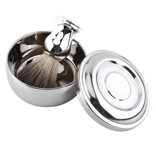 Shave Tool Kit Convenient Stainless Steel Shaving Brush Kit Alloy Shaving Brush Shaving Soap Mug Bowl with Lid + Silver Handle Faux Badger Hair Brush for Men