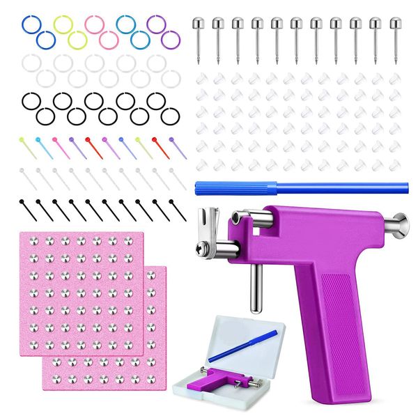 Longbeauty 550pcs Ear Piercing Gun Kit Stainless Steel Body Piercing Tools Studs Earrings Nose Lip Navel Piercing Machine for Home Salon Piercing Needles (Purple-550pcs)