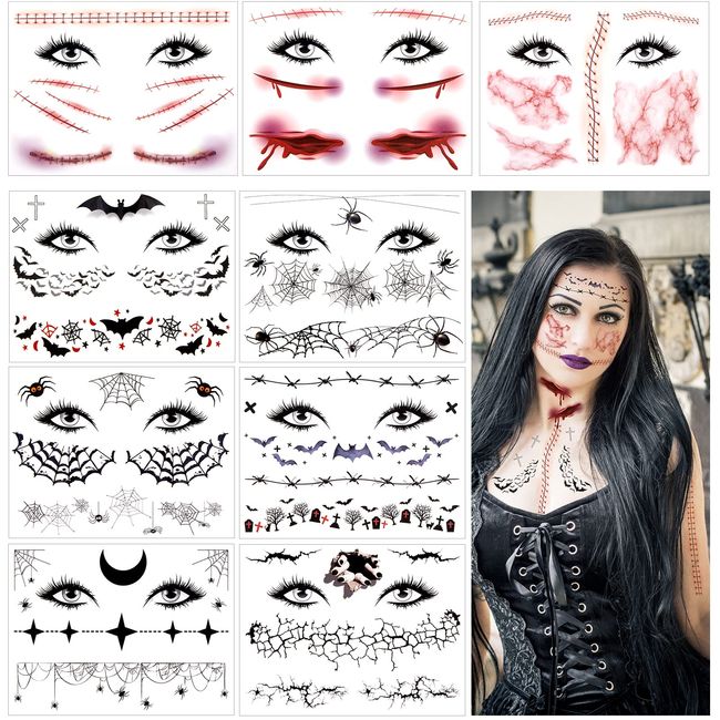 Kiiwah 9 Sheets Halloween Scary Face Tattoos, Fake Scars Spider Web Blood Halloween Temporary Tattoo Stickers for Adults Kids Cosplay Halloween Costume Party Make-Up