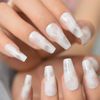 White Marble Long Coffin Press On Nails - Glue On False Set - 24 pieces Kit