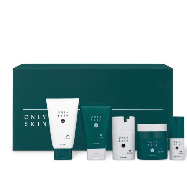 Only Skin, Men’s Premium Skin Care Kit, 5 Piece Kit Includes: Facial Cleanser, Exfoliating Scrub, Moisturizing Day Cream, Renewing Night Cream, Anti-Aging Eye Serum - Skincare Gift Set for Men