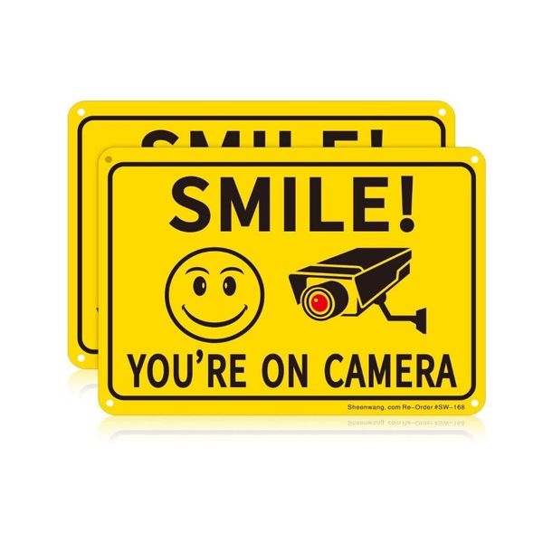 2 Pack Smile You’Re on Camera Sign, Video Surveillance Signs Outdoor, UV Printed