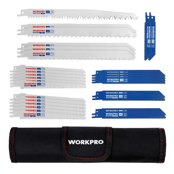 WORKPRO 32-Piece Reciprocating Sabre Saw Blades Set for Wood & Metal, with Organizer Pouch, Fits All Reciprocating Saw