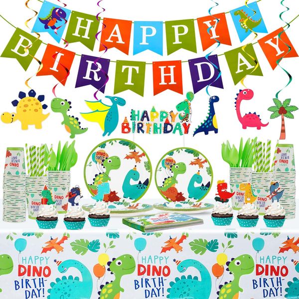 193 Pcs Dinosaur Birthday Party Supplies Dinosaur Party Decorations Include Dino Paper Plates Cups Napkins Banner Straws Cutlery Tablecloth Cake Cupcake Toppers Hanging Swirls for Kids Boys Girls