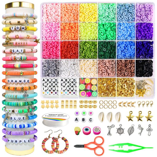 Redtwo 4200 Pcs Clay Beads Bracelet Making Kit, Friendship Preppy Flat Polymer Heishi Beads Jewelry Kits with Charms, Gifts for Teen Girls Crafts for Girls Ages 8-12 (4200pcs 24colors)