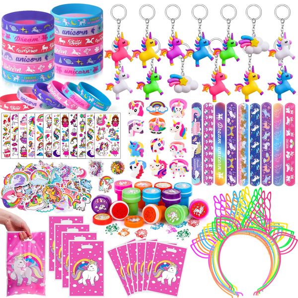 Tacobear 146pcs Unicorn Party Bags Fillers Girls Unicorn Headband Slap Bracelets Rings Tattoos Stickers Unicorn Stamps Keychains Gift Bags Pinata Fillers Unicorn Birthday Party Favours for Kids