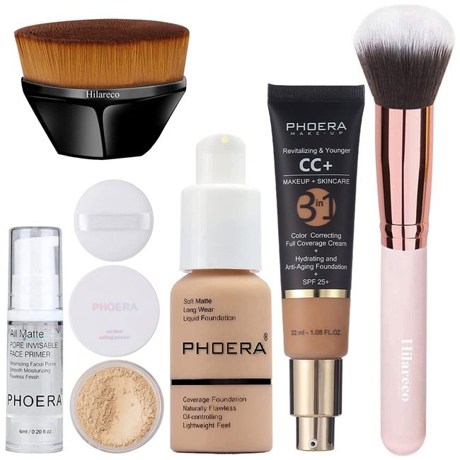 PHOERA Foundation, PHOERA CC+ Cream Full Coverage, PHOERA Primer, PHOERA Powder, PHOERA Makeup Set, Kabuki Makeup Brushes Foundation Brush Powder Brush(104 Buff Beige+ 140 Buff Beige CC Cream)