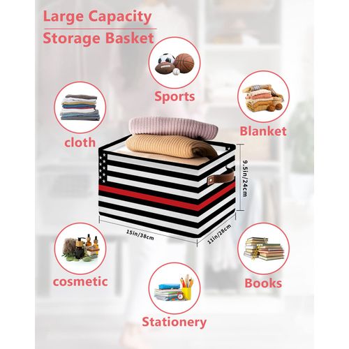 Red White Stripe Fireman American Flag Storage Basket for Shelves, Fire Fighter USA Flags Storage Cube Fabric Storage Bins, Closet Organizers with Handles for Book, Toys, Cloth, 15x11x9.5 Inch