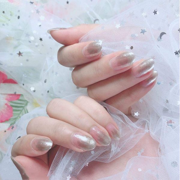 SIFASHION Round Head Silver Color Gradient Simple Nail Tips with Double Sided Adhesive Tape 24pcs