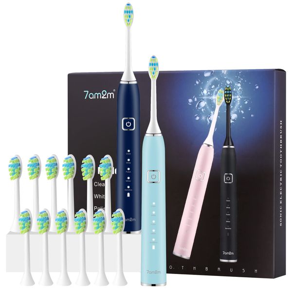 7AM2M Electric Toothbrush 2 Pack Set for Kids and Adults, 12 Brush Heads,5 Adjustable Modes, Built-in 2-Minute Smart Timer,Wireless Fast Charge for 60 Days,IPX7Waterproof SonicToothbrush (Navy & Blue