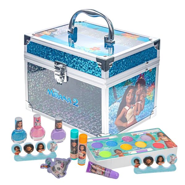 Townley Girl Moana 2 Cosmetic Train Case Filled with Makeup Includes Lip Gloss Eye Shimmers Brushes Nail Polishes Accessories For Girls Ages 3+, Perfect for Parties Sleepovers Makeovers