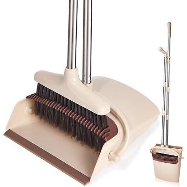 Broom and Dustpan Set with Long Handle, Light Weight Stainless Steel Beige