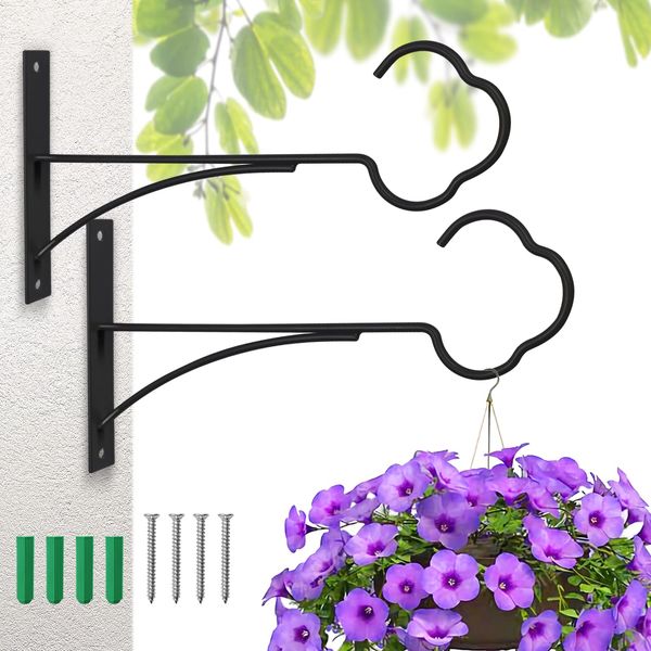 SNAIL GARDEN Hanging Plant Bracket, 2Pack Hanging Plant Hangers Outdoor with Screws, Metal Plant Hooks for Hanging Baskets Black Iron Outdoor Hanging Brackets for Lanterns, Bird Feeder(10.8 Inch)