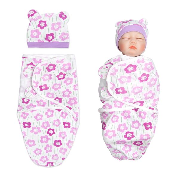 Reborn Doll Accessories Receiving Blanket Set for 17-22 inch Reborn Baby Doll Clothing Adjustable Swaddle Blanket Hat (Purple Flower)